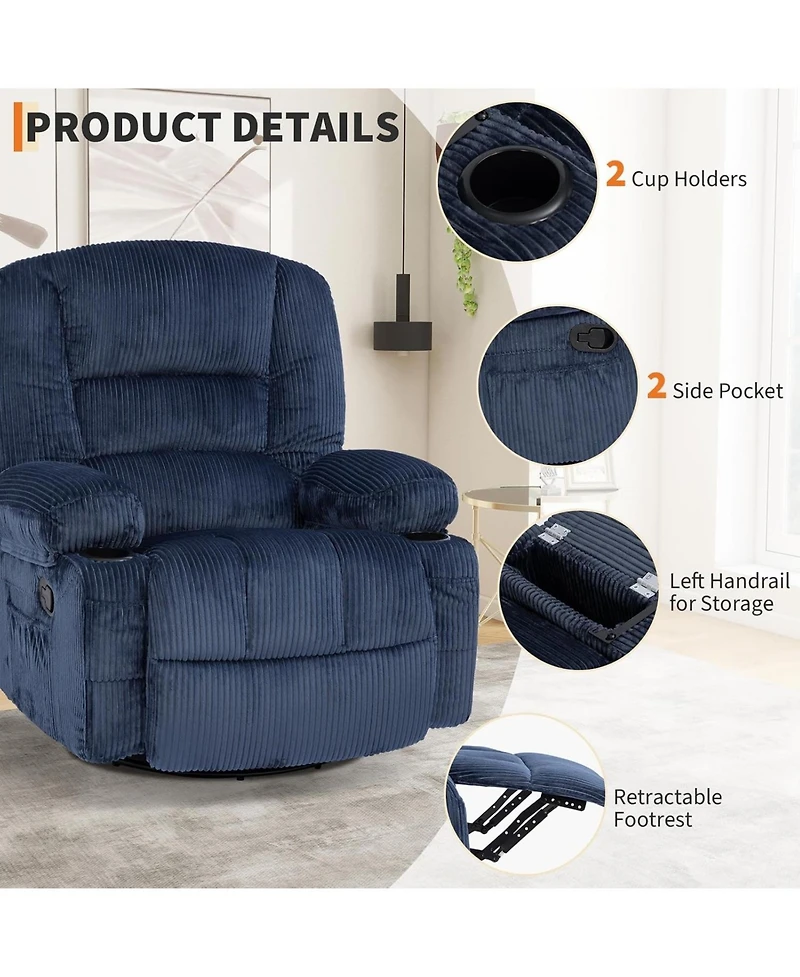 Oversized Swivel Rocker Recliner with Massage and Heat, Corduroy, Extra Wide Seat