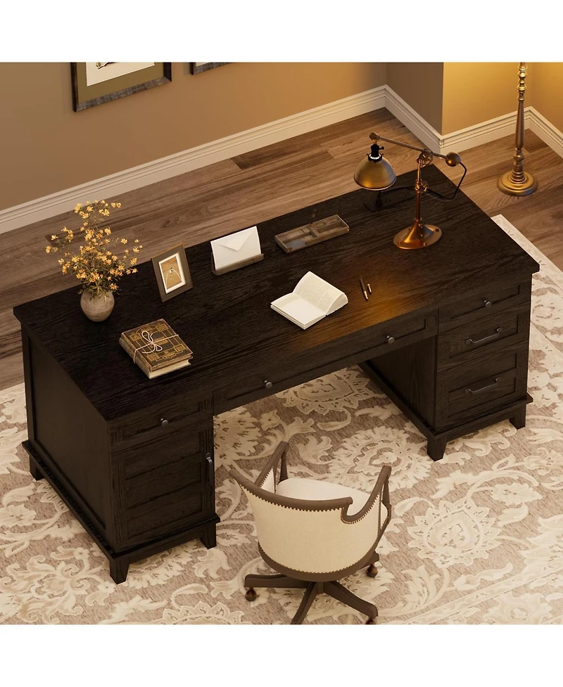 60" Farmhouse Executive Desk with File Drawers, Charging Station and Cabinet Storage