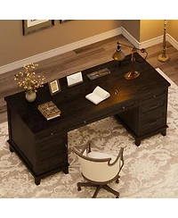 60" Farmhouse Executive Desk with File Drawers, Charging Station and Cabinet Storage