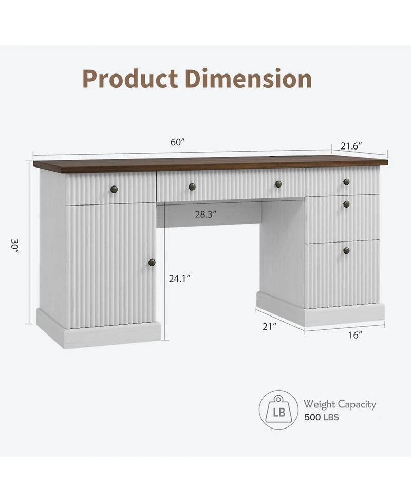 60" Modern Executive Desk with Storage Cabinet and Drawer, Fluted Design