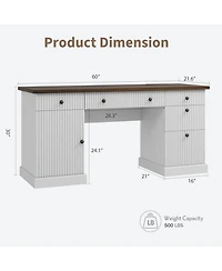 60" Modern Executive Desk with Storage Cabinet and Drawer, Fluted Design
