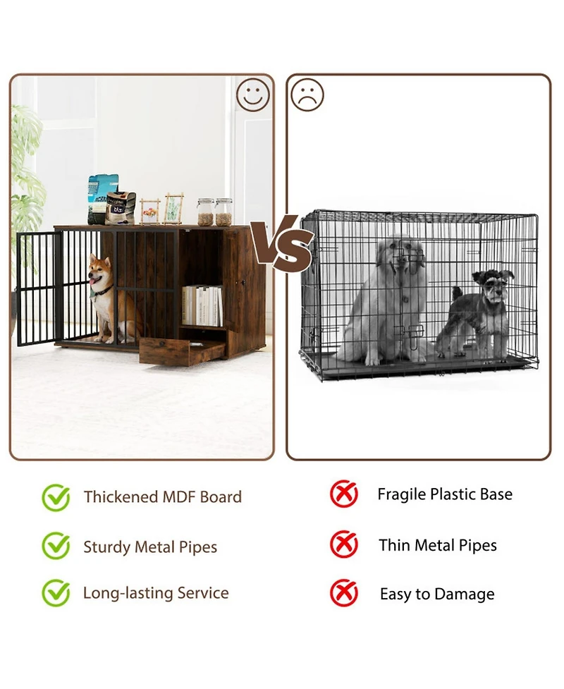 Sugift 47.5 Inch Dog Crate Furniture with Hidden Pull-Out Feeding Bowls Storage Cabinet and Lockable Door