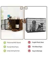 Sugift 47.5 Inch Dog Crate Furniture with Hidden Pull-Out Feeding Bowls Storage Cabinet and Lockable Door