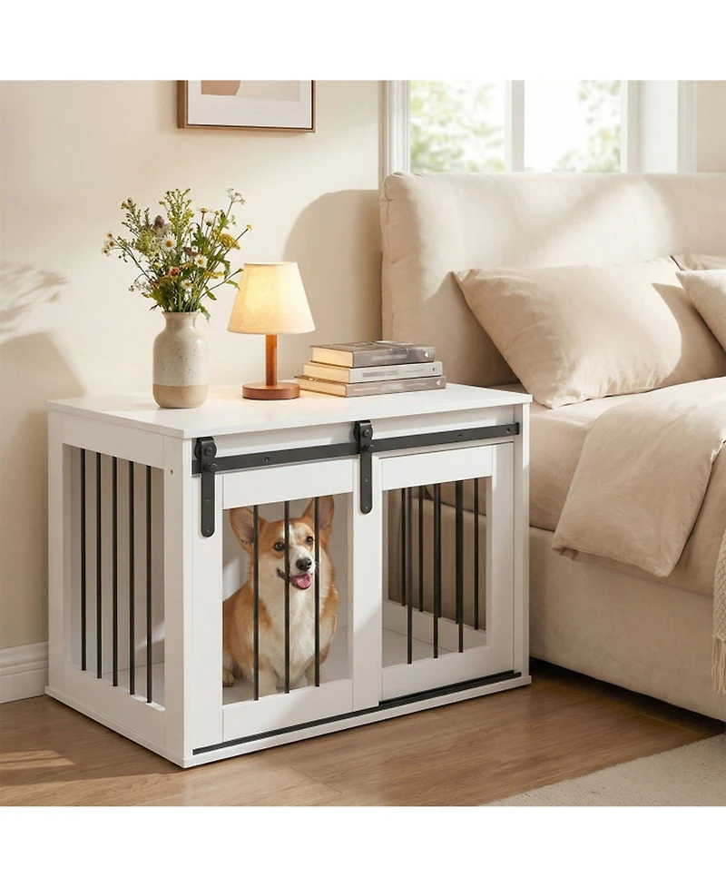 Sugift Dog Crate Furniture Heavy Duty Kennel End Table with Sliding Barn Door for Small and Medium Dogs