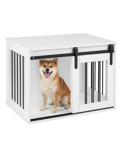 Sugift Dog Crate Furniture Heavy Duty Kennel End Table with Sliding Barn Door for Small and Medium Dogs