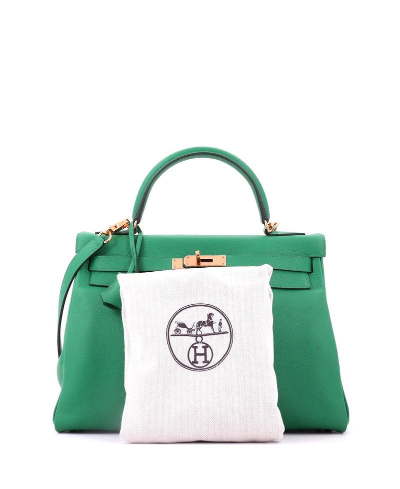 Pre-Owned Hermes Kelly 32 Handbag Green Evercolor with Gold Hardware