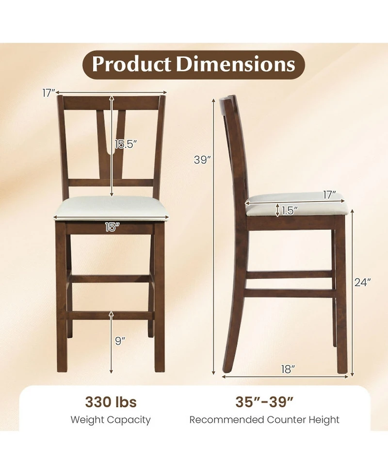 Sugift Counter Height Bar Stools Set of 2 with Contoured V-Back and Upholstered Cushioned Seat