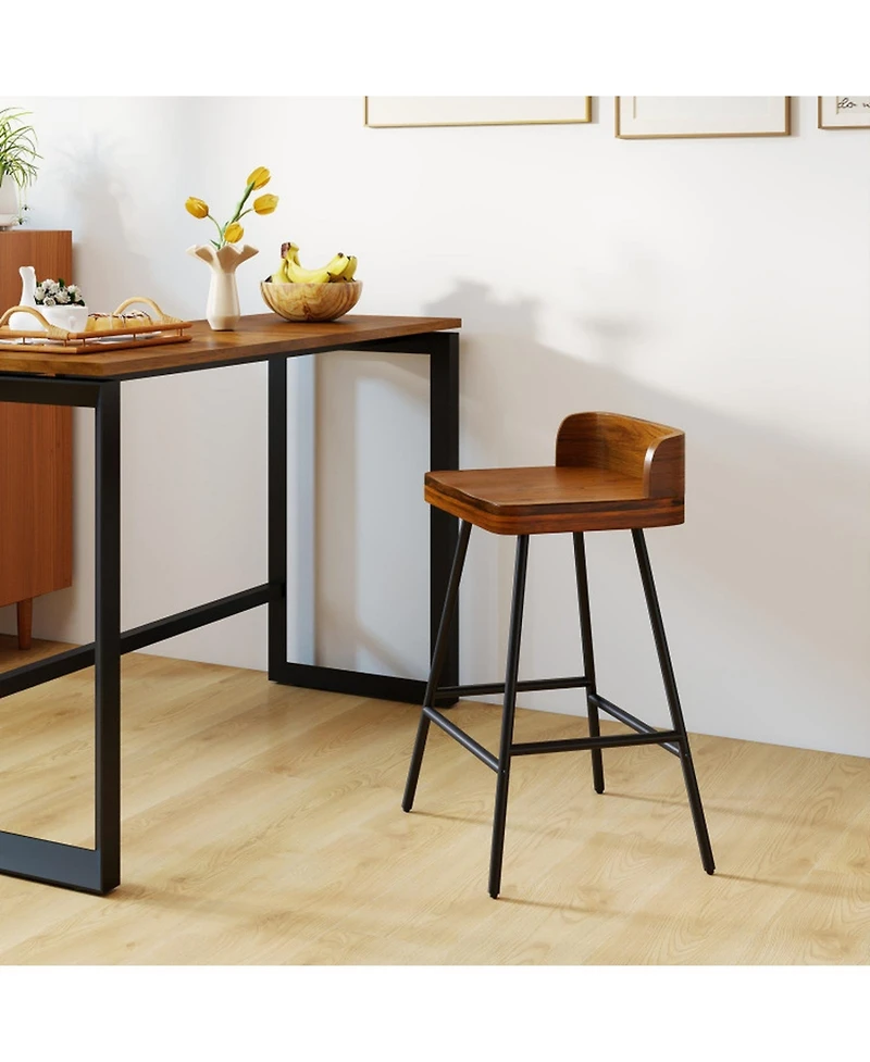 Sugift 24 Inch Industrial Bar Stool with Low Back Rubber Wood Seat and Metal Legs Counter Height Design