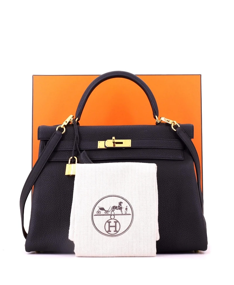 Pre-Owned Hermes Kelly 32 Handbag Black Togo with Gold Hardware