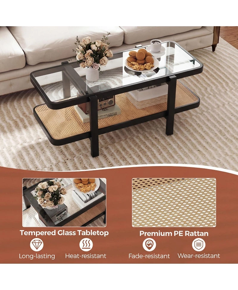 Sugift 2-Tier Coffee Table with Tempered Glass Top and Rattan Storage Shelf