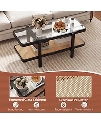 Sugift 2-Tier Coffee Table with Tempered Glass Top and Rattan Storage Shelf