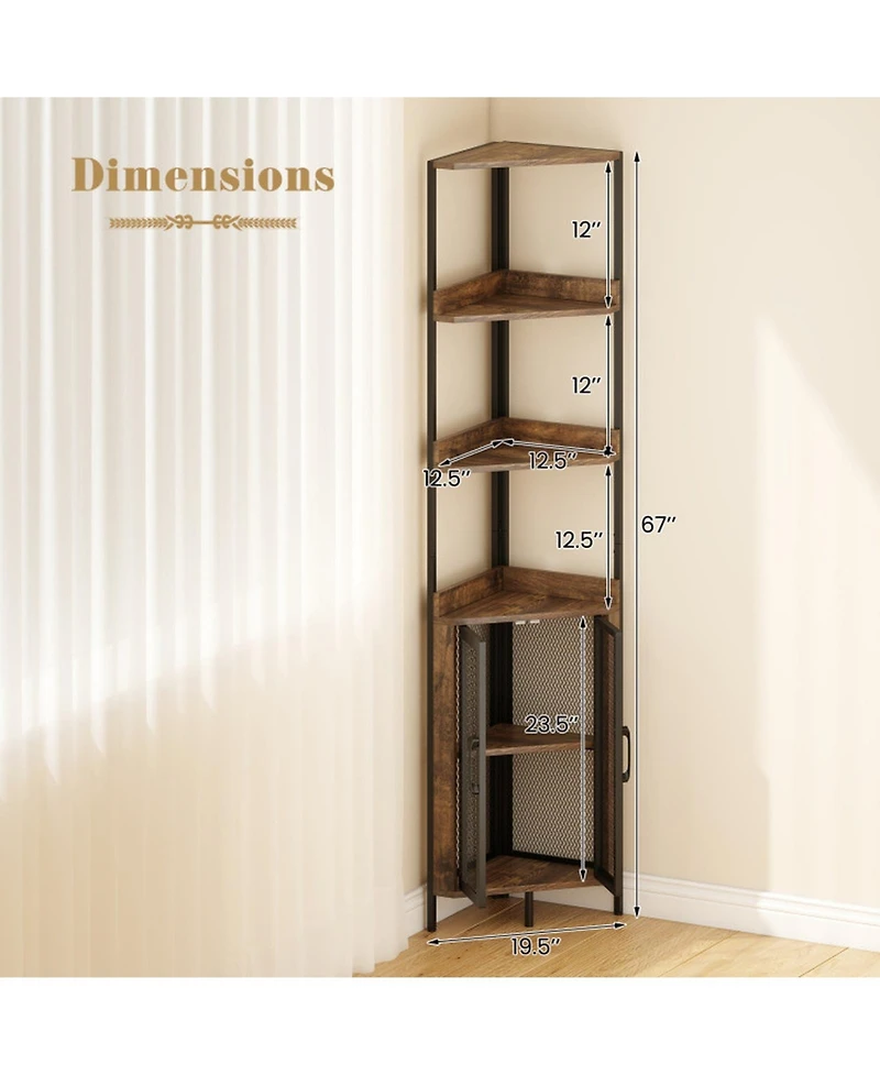 Sugift 67 Inch Tall Corner Bookshelf 6-Tier Industrial Bookcase with Mesh Cabinet
