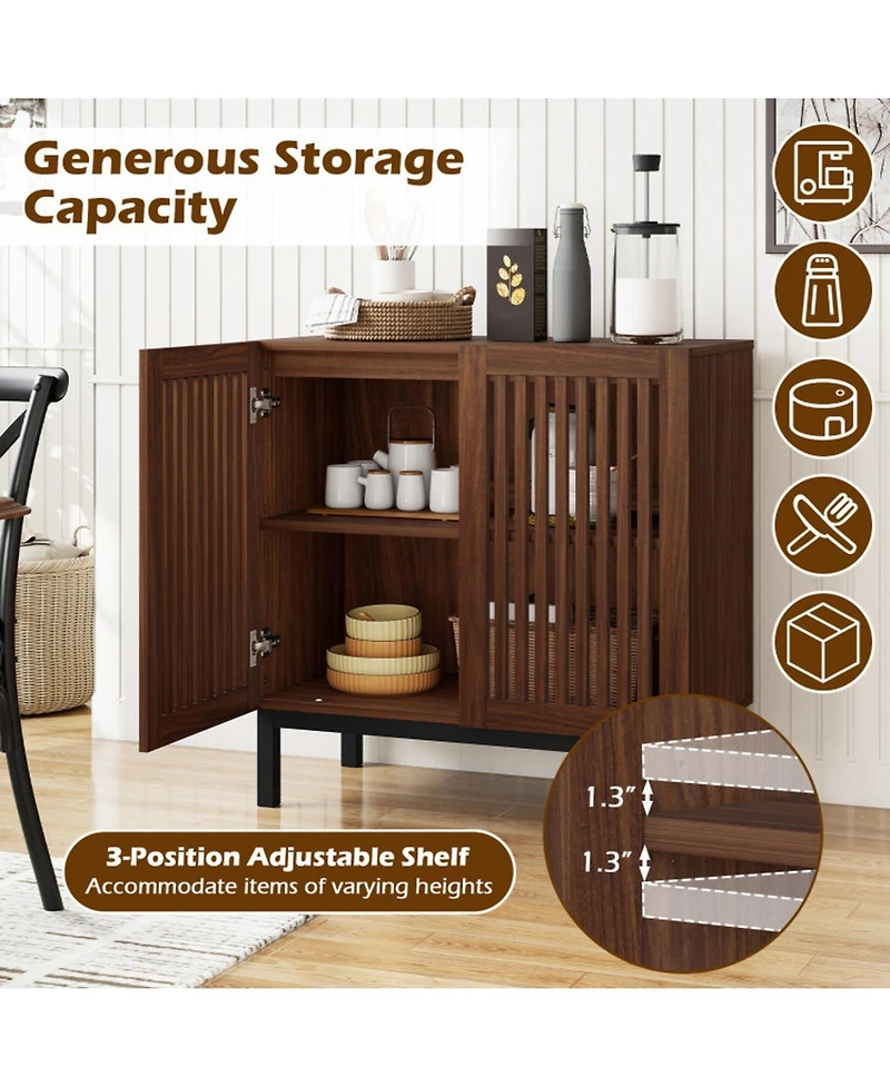 Sugift 32 Inch Farmhouse Buffet Cabinet with Grille-Striped Doors and Adjustable Shelf
