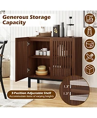 Sugift 32 Inch Farmhouse Buffet Cabinet with Grille-Striped Doors and Adjustable Shelf