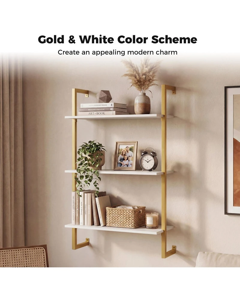 Sugift 3-Tier Floating Wall Shelf with Metal Frame for Kitchen Bathroom and Home Office