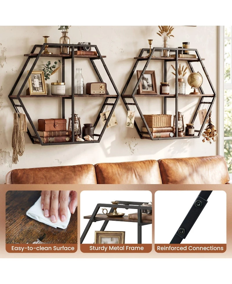 Sugift 3-Tier Geometric Wall Mounted Bookcase Hexagon Display Shelf with 4 S-Shaped Hooks