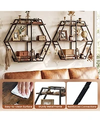 Sugift 3-Tier Geometric Wall Mounted Bookcase Hexagon Display Shelf with 4 S-Shaped Hooks
