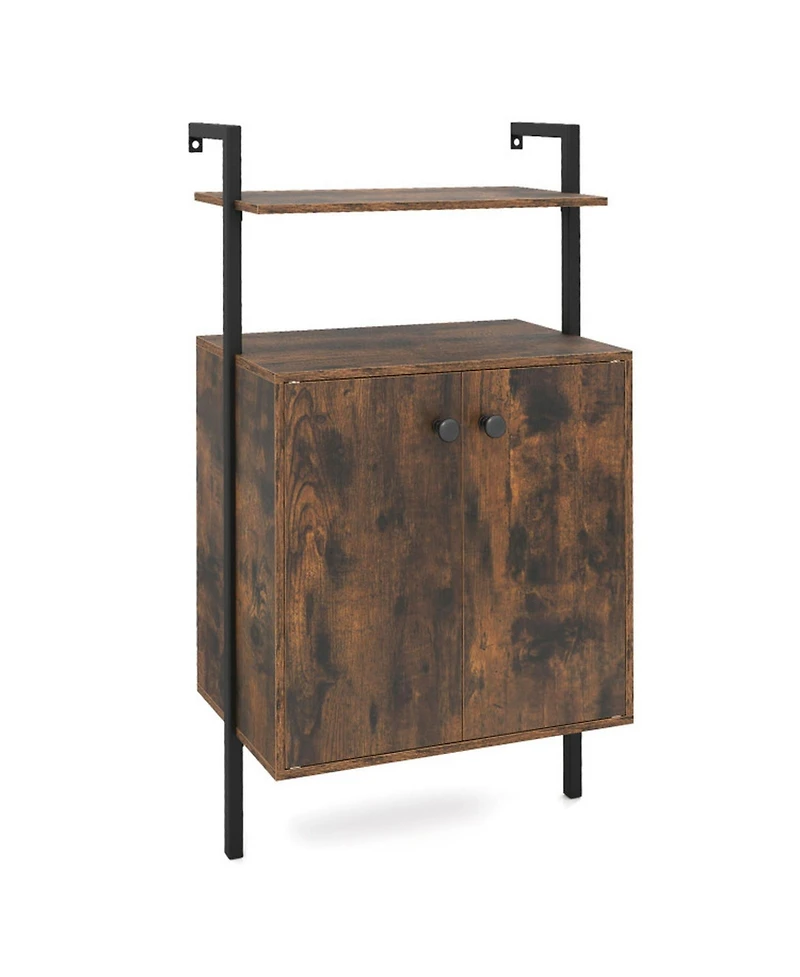 Sugift Wall Mount Bookshelf with 2-Door Storage Cabinet and 2-Tier Open Shelving