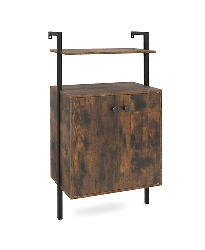 Sugift Wall Mount Bookshelf with 2-Door Storage Cabinet and 2-Tier Open Shelving