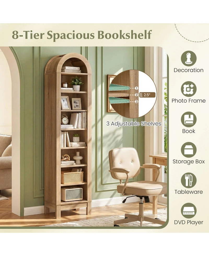 Sugift 71 Inch Tall 8-Tier Arch Bookshelf with 3 Adjustable Shelves and Slim Footprint