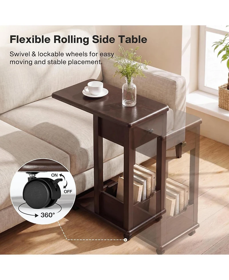 Tribesigns C-Shaped Side Table for Couch,Rolling Sofa End Table,2-Tier