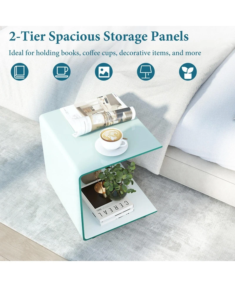 Sugift C-Shaped End Table with Tempered Glass Shelves and Detachable Lockable Wheels