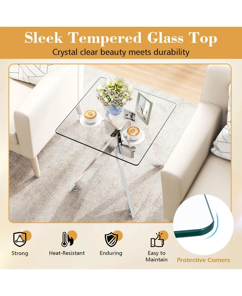 Sugift Square Glass End Table with Tempered Glass Top and Double X Metal Base