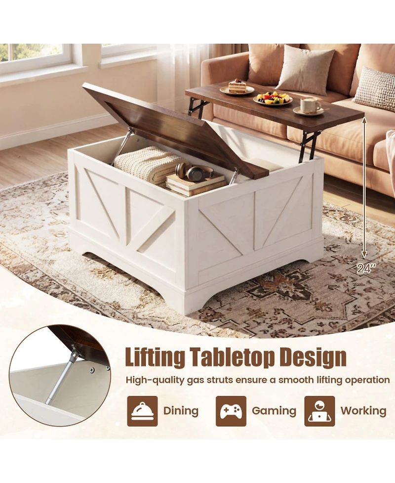Sugift 31.5 Inch Square Lift Top Coffee Table Farmhouse Barn Door Design with Hidden Compartment