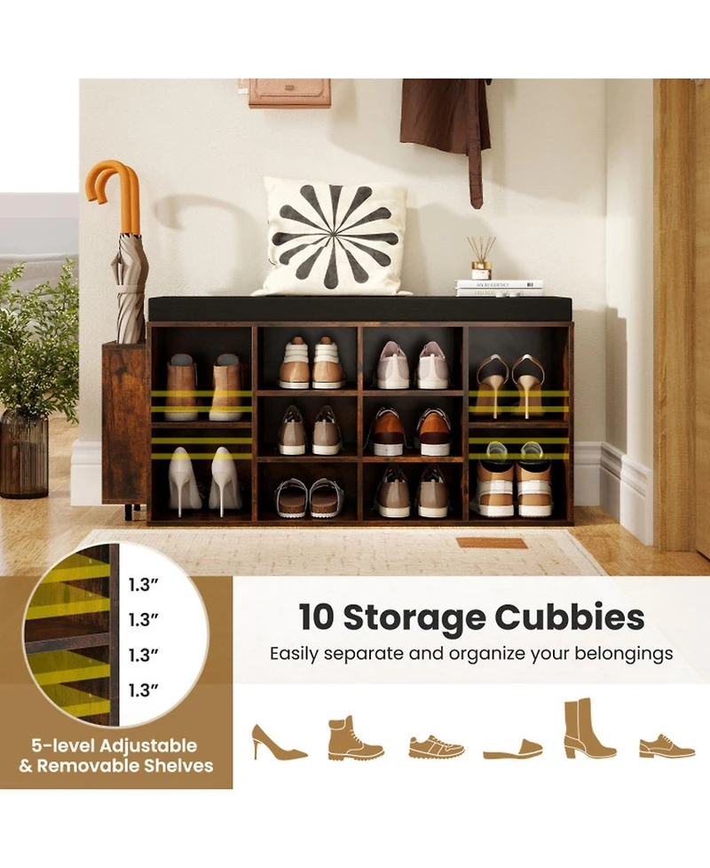 Sugift 10-Cubby Shoe Storage Bench with Umbrella Stand and Padded Seat Cushion