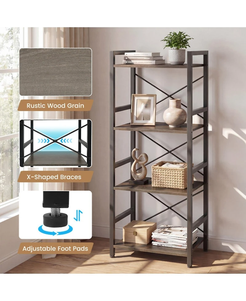 Sugift Narrow 4-Tier Bookshelf with X-Braced Metal Frame and Safety Side Rails