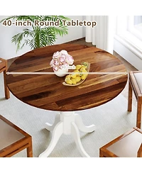 Sugift Wooden Dining Table with Round Tabletop and Curved Trestle Legs Solid Rubber Wood Kitchen Table