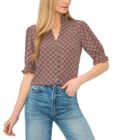 CeCe Women's Ruffle V-Neck Elbow-Length Blouse