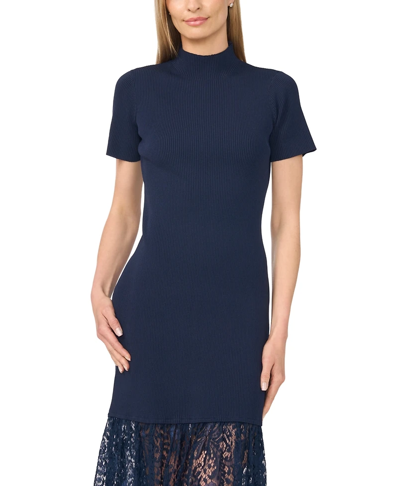 CeCe Women's High-Neck Lace Midi Sweater Dress