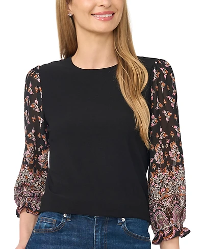 CeCe Women's Mixed Media Crew Neck Long-Sleeve Puff-Sleeve Blouse