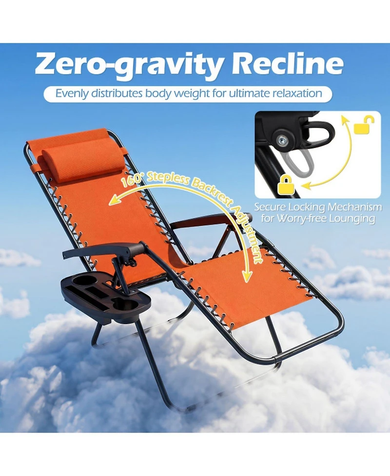 Sugift Set of 2 Zero Gravity Recliner Chairs with Cup Holder Trays and Adjustable Pillows