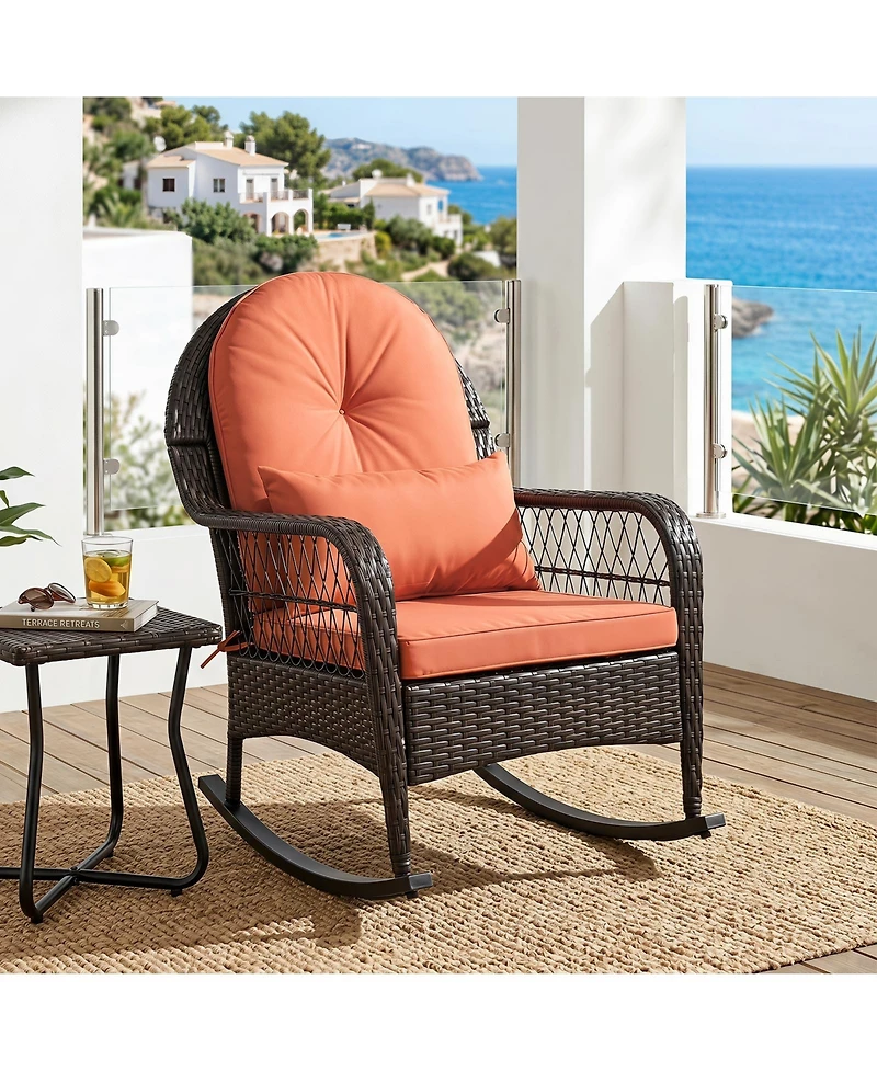 Gymax 2 Piece Outdoor Wicker Rocking Chair 400 Lbs Rocker Chair with Anti-Tip Stoppers