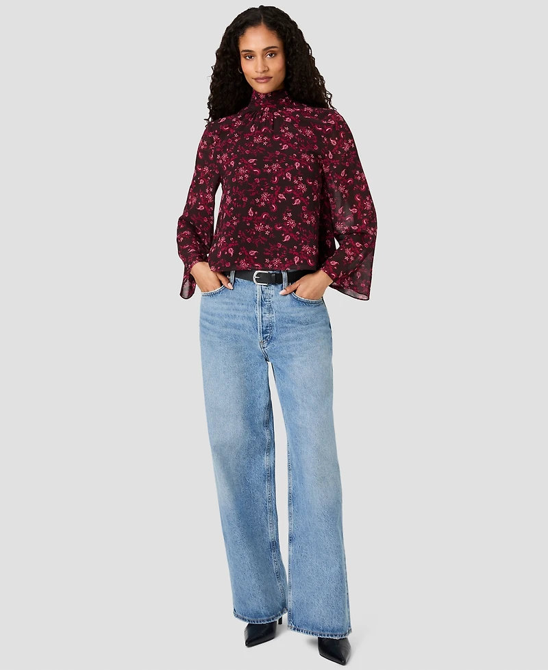 French Connection Women's Marina Chiffon Bow Long-Sleeve Mock-Tie Neck Floral-Print Blouse
