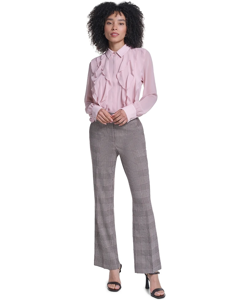 Karl Lagerfeld Paris Women's Plaid Wide-Leg Mid-Rise Dress Pants
