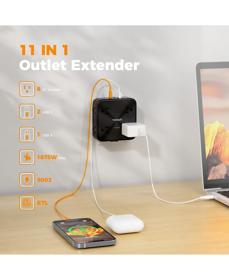 Tessan 11-in-1 Outlet Extender, 8 Ac Outlets + 3 Usb Ports, 20W Usb-c, 900J Surge Protection for Home and Office