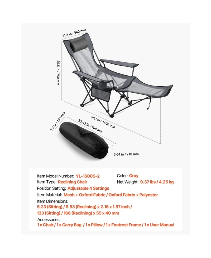 ECHTPeak 4 Adjustable Positions Portable Folding Lounger,Headrest and Foot Rest, Supports 220 lbs, Heavy Duty Camp Chairs for Patio