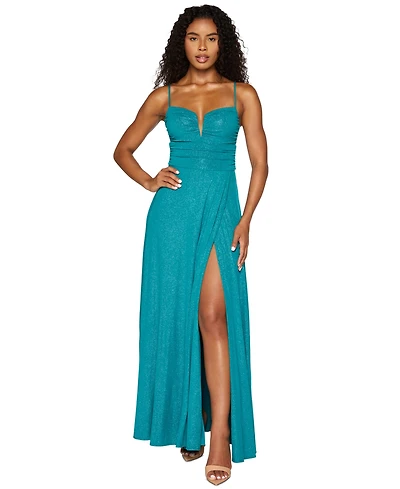 B Darlin Juniors' Glitter Ruched-Bodice Front-Slit Gown
