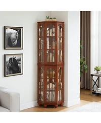 Clihome Lighted Corner Curio Cabinet with Adjustable Glass Shelves and Solid Wood Legs
