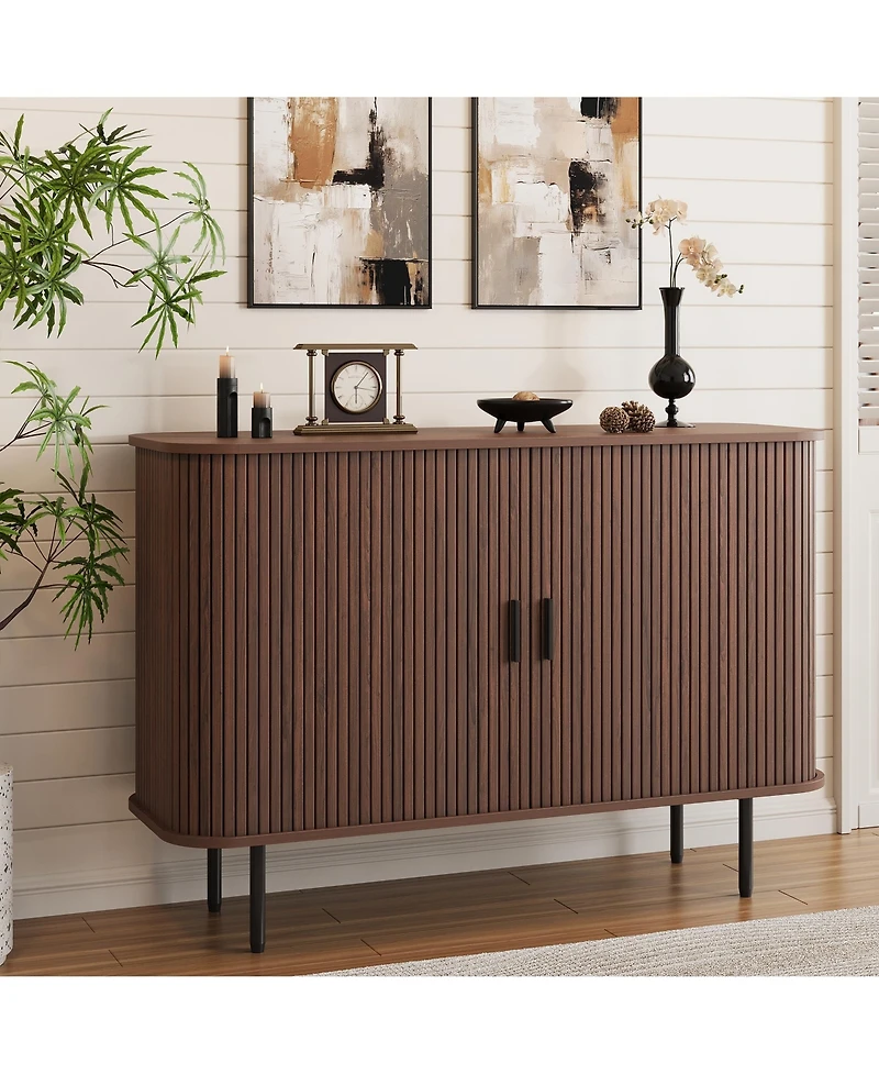 Vabches Buffet Sideboard Storage Cabinet, Fluted Credenza with Sliding Doors and Adjustable Shelves