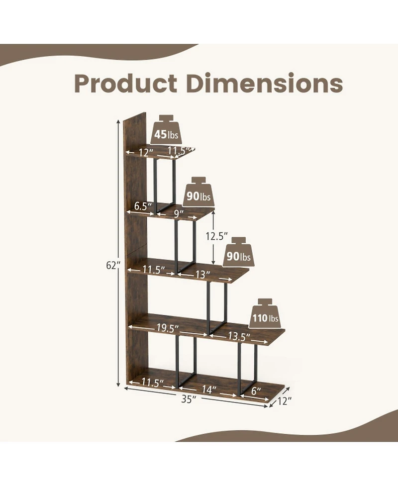 Sugift 5-Tier 62 in Tall Stepped Corner Bookshelf with Metal Frame