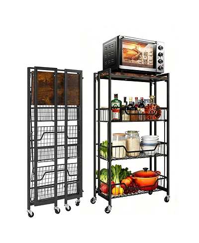 homfan 4-Tier Collapsible Storage Cart Lockable Casters, Heavy Duty, Expands, Pre-Assembled, 100 lbs Capacity. Rolling utility shelf