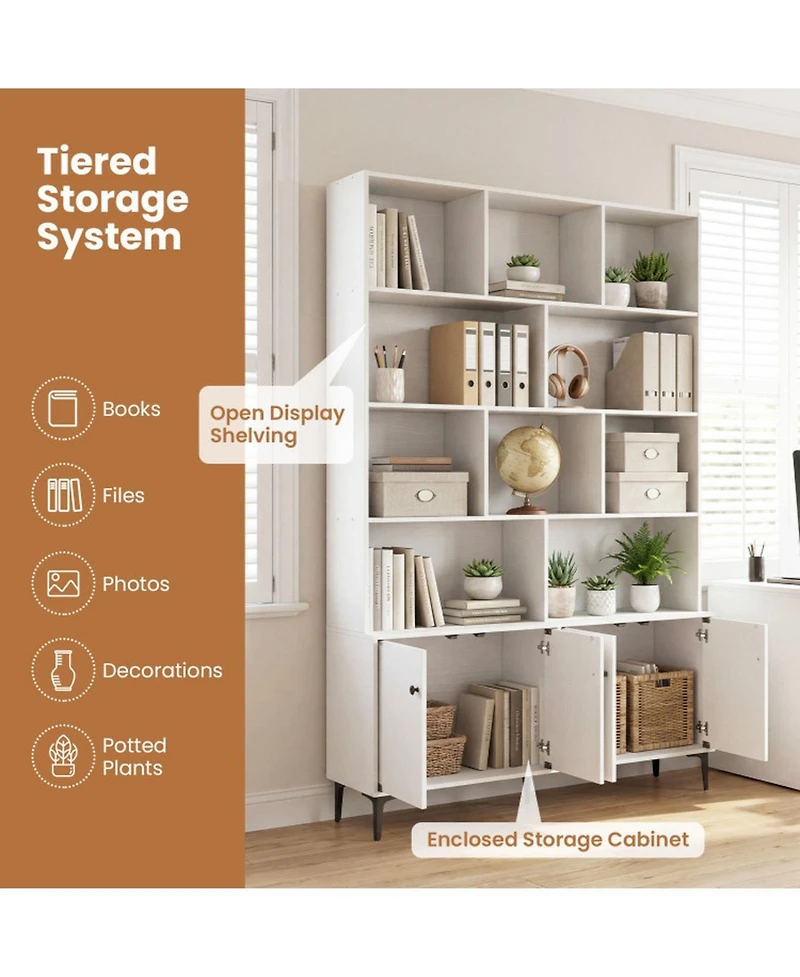 Sugift Tall Bookshelf with 4-Door Storage Cabinets and Metal Legs for Home Office