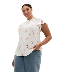 City Chic Plus Fleur Petal Print Top with Frilled-Crew Neckline and Short Flutter Sleeves