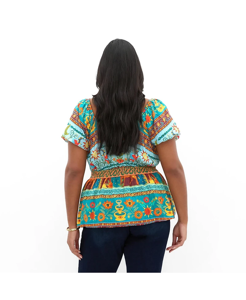 City Chic Plus Amaria Puff-Sleeve Print Tie-Front Top