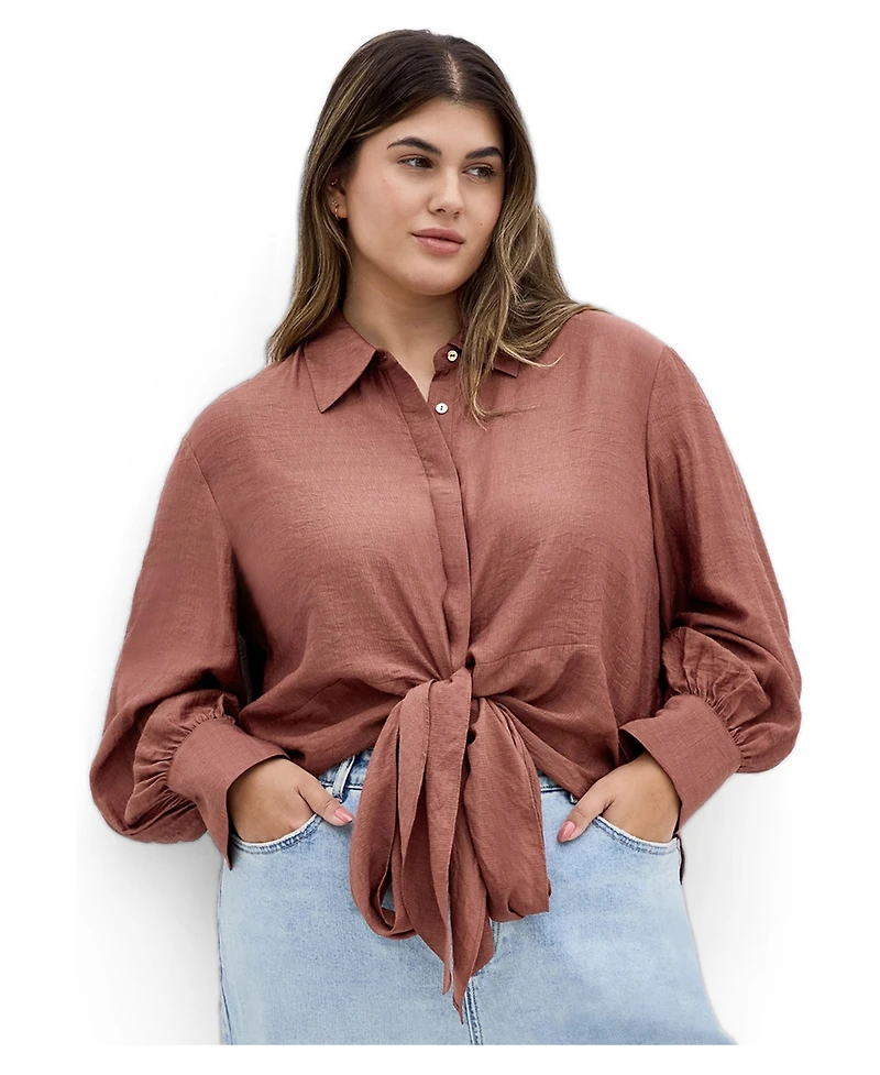 City Chic Plus Rosabella Tie-Front Button-Up Hi-Lo Shirt