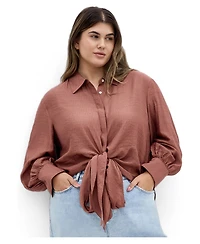 City Chic Plus Rosabella Tie-Front Button-Up Hi-Lo Shirt